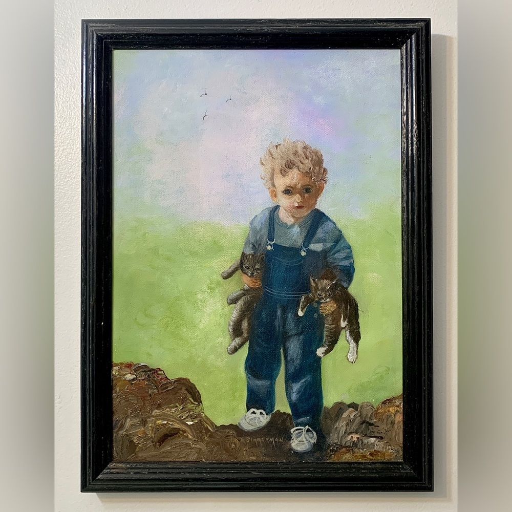 Vintage Framed Artist Signed Oil on Canvas Young Boy Carrying Kittens Painting